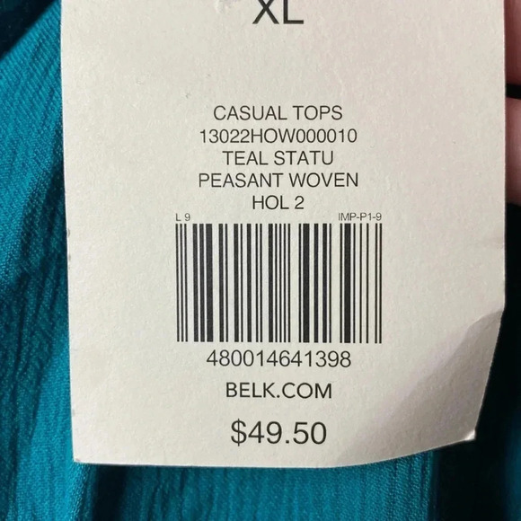 NWT WONDERLY WOMENS SIZE XL TEAL PEASANT WOVEN TOP RUFFLE COLLAR CUFFS - Picture 5 of 12